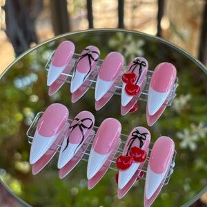 Pink and White Stiletto Press-On Nails with Cherry Design